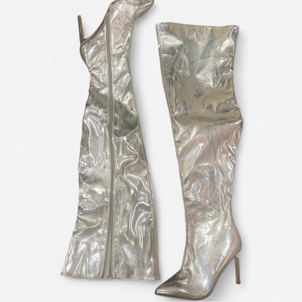 Silver Knee High Heel Boots